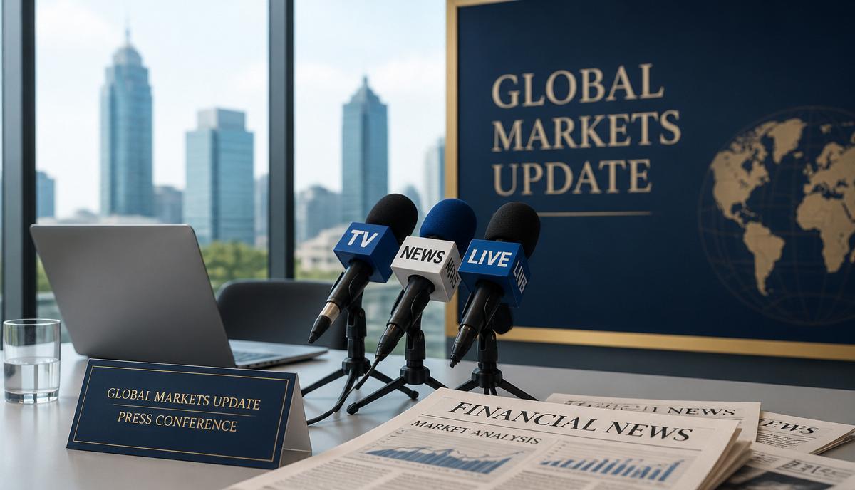 Sala de prensa con micrófonos y noticias financieras