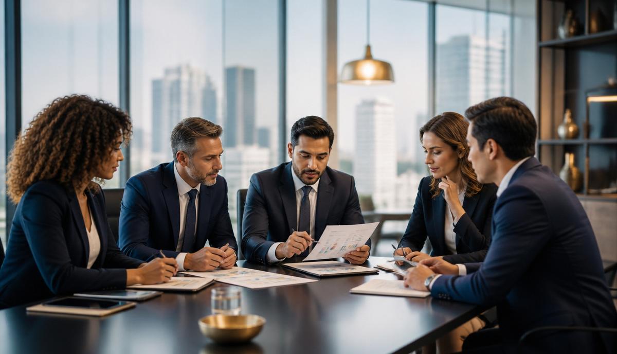 Equipo multidisciplinario de profesionales colaborando en una oficina moderna