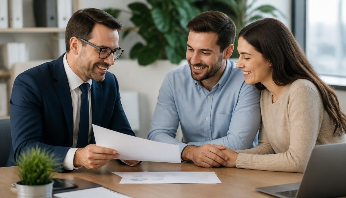 Asesor financiero orientando a una pareja sobre sus derechos financieros