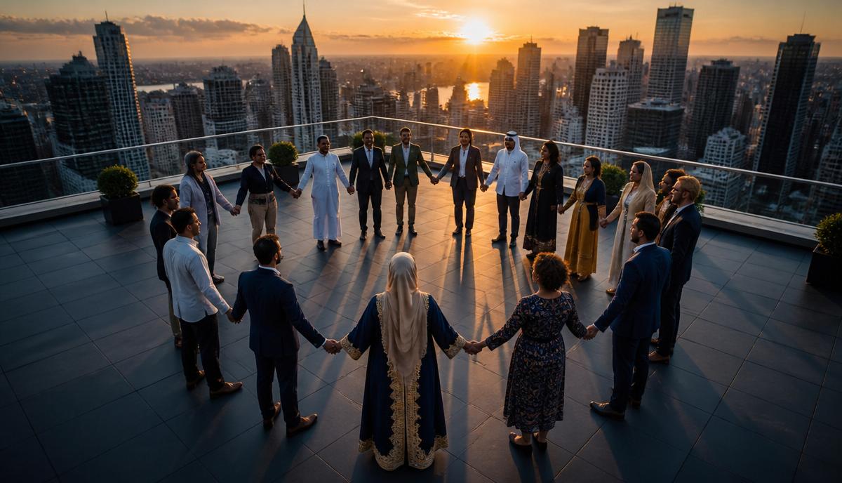 Grupo diverso de personas unidas en círculo representando cooperación global