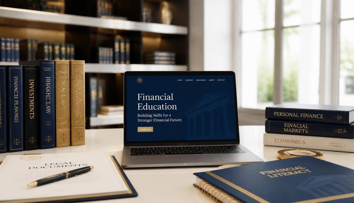 Biblioteca moderna con libros de educación financiera y ordenador