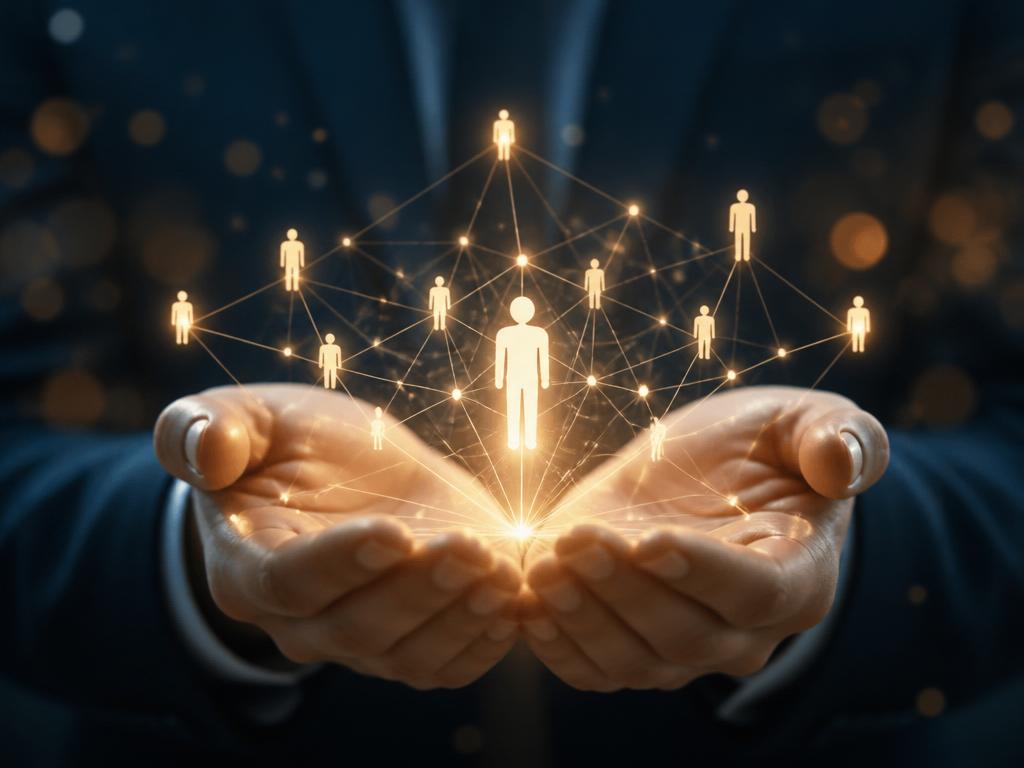 Manos sosteniendo una red digital de conexiones humanas